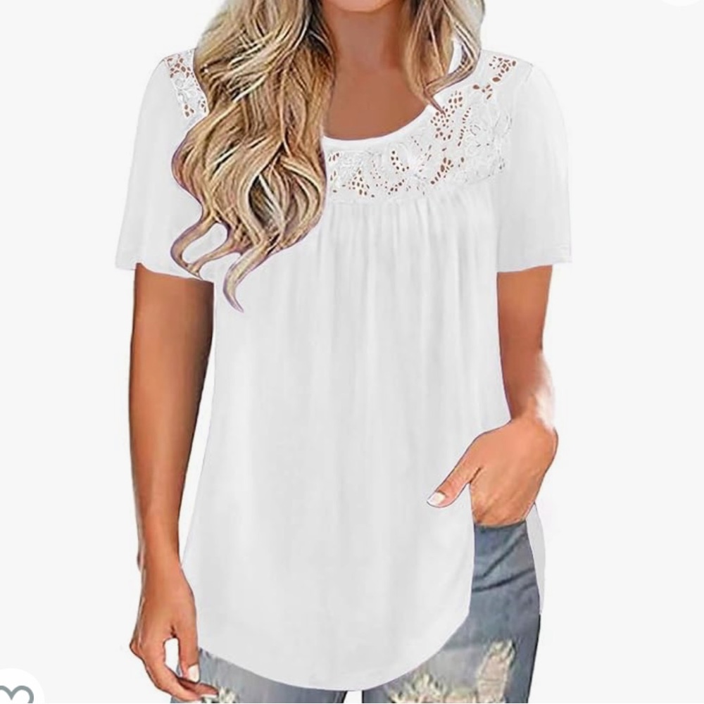 White Lace Pleated Short Sleeve Tunic Top
